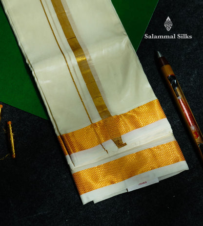 Beautiful Cream White Asha Mix 8 Muzham Dhoti With Ganga And Jamuna Border