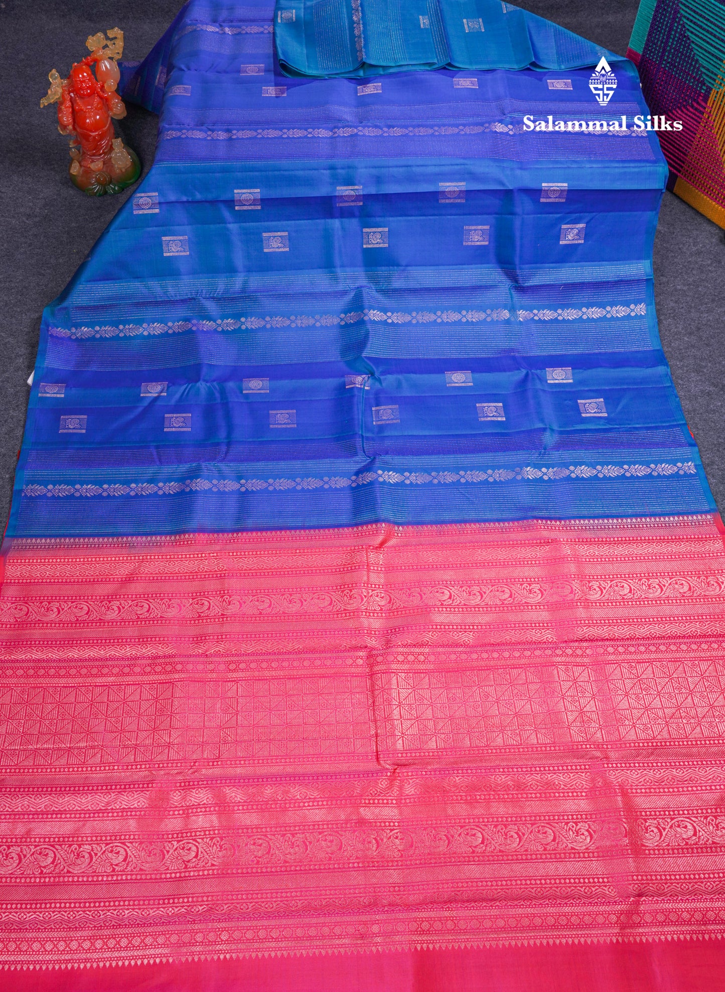 Beautiful Pink Fancy Pure Kanjivaram Silk Saree With Contrast Sapphire Green Blouse