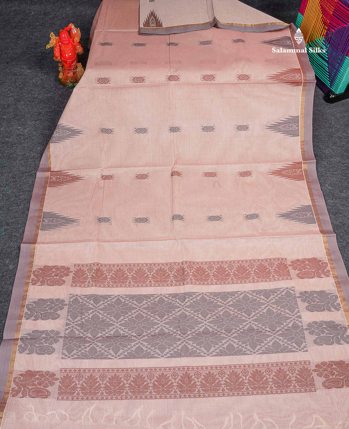 Pure Cotton Saree - Peach Pink Colour Body Thread Work Butta With Temple Border