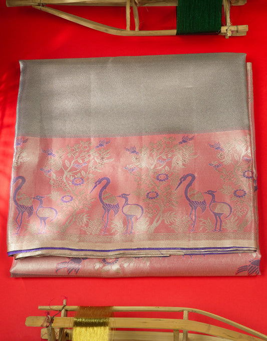 Light Pink Bridal Semi Silk Saree With Contrast Peach Evening Morning Border