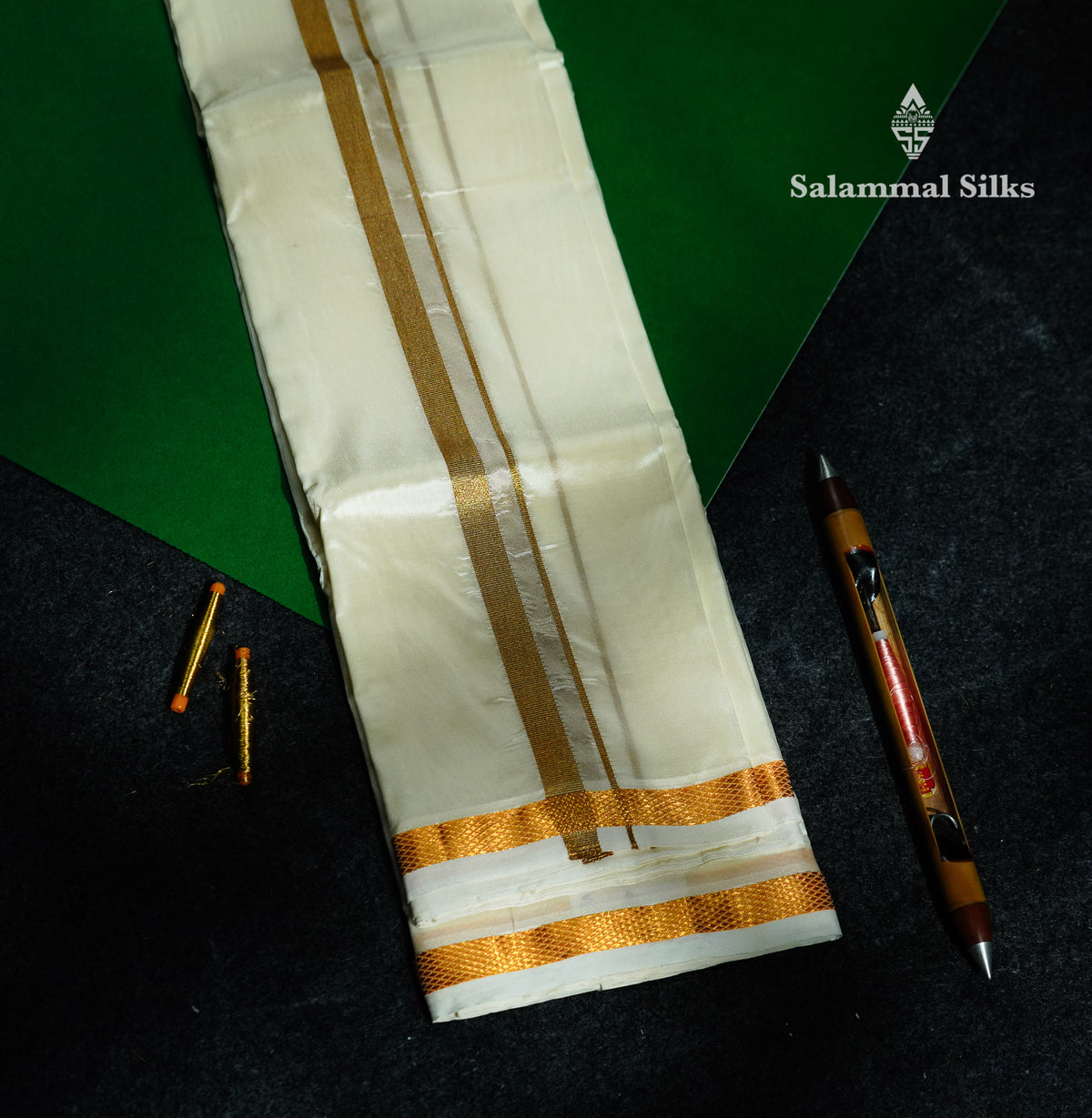 Beautiful Cream White Asha Mix 8 Muzham Dhoti With Gold Zari Border