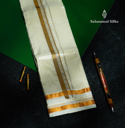 Beautiful Cream White Asha Mix 8 Muzham Dhoti With Gold Zari Border