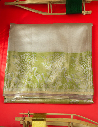 Light Pink Bridal Semi Silk Saree With Contrast Peach Evening Morning Border