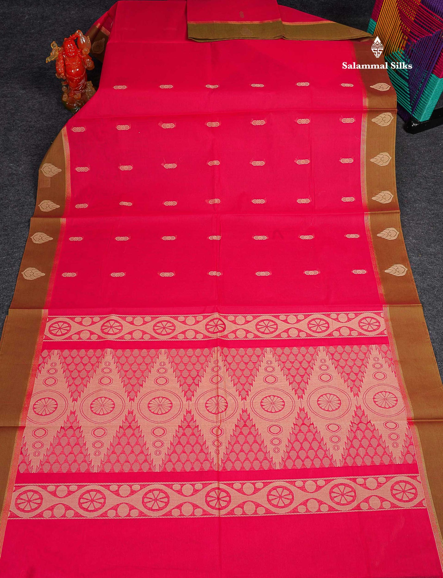 Pure Cotton Saree - Dual Tone Pink Colour Body Thread Work Butta With Brown Border