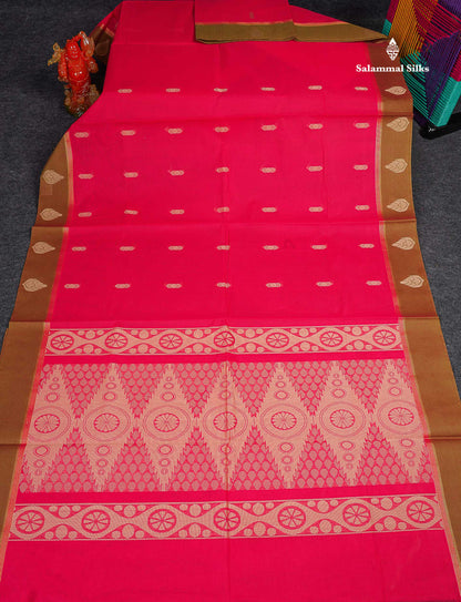 Pure Cotton Saree - Dual Tone Pink Colour Body Thread Work Butta With Brown Border