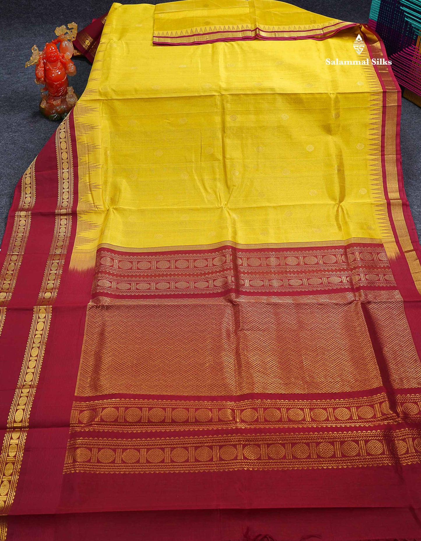 Beautiful Lemon Yellow Zari Butta Pure Silk Cotton Saree With Contrast Maroon Traditional Rettapet Evening Morning Border