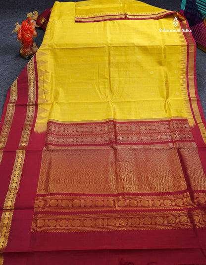 Beautiful Lemon Yellow Zari Butta Pure Silk Cotton Saree With Contrast Maroon Traditional Rettapet Evening Morning Border