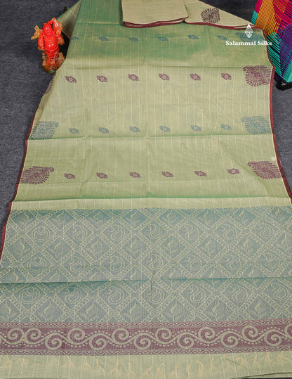 Pure Cotton Saree - Pista Green Colour Body Thread Butta With Blouse