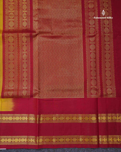 Beautiful Lemon Yellow Zari Butta Pure Silk Cotton Saree With Contrast Maroon Traditional Rettapet Evening Morning Border