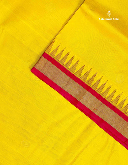 Beautiful Lemon Yellow Zari Butta Pure Silk Cotton Saree With Contrast Maroon Traditional Rettapet Evening Morning Border