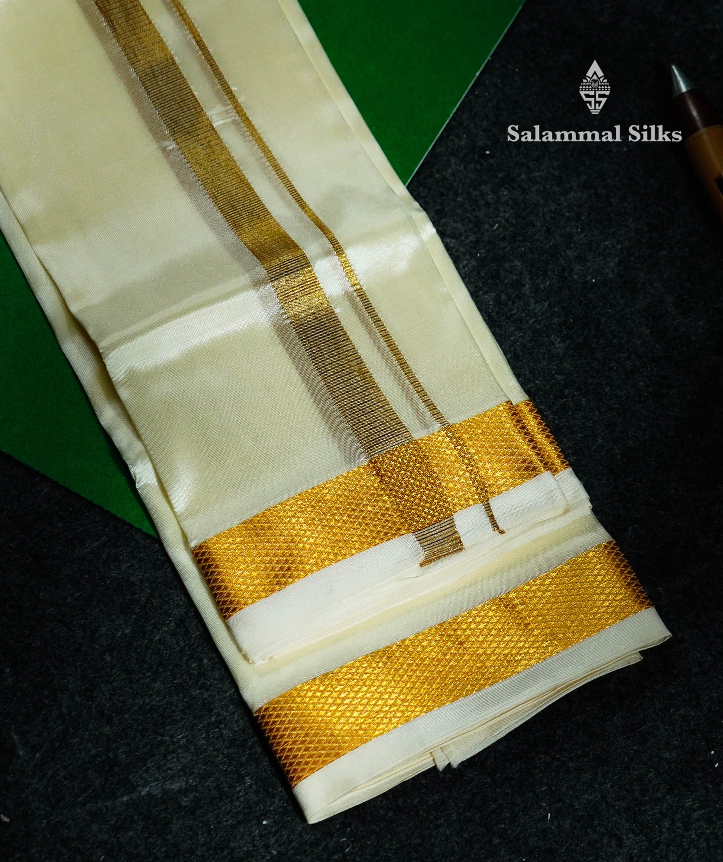 Beautiful Cream White Asha Mix 8 Muzham Dhoti With Gold Zari Border