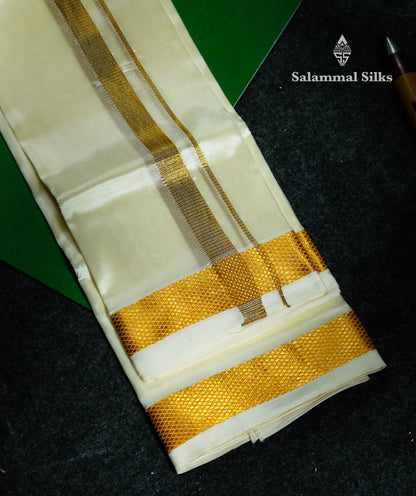 Beautiful Cream White Asha Mix 8 Muzham Dhoti With Gold Zari Border