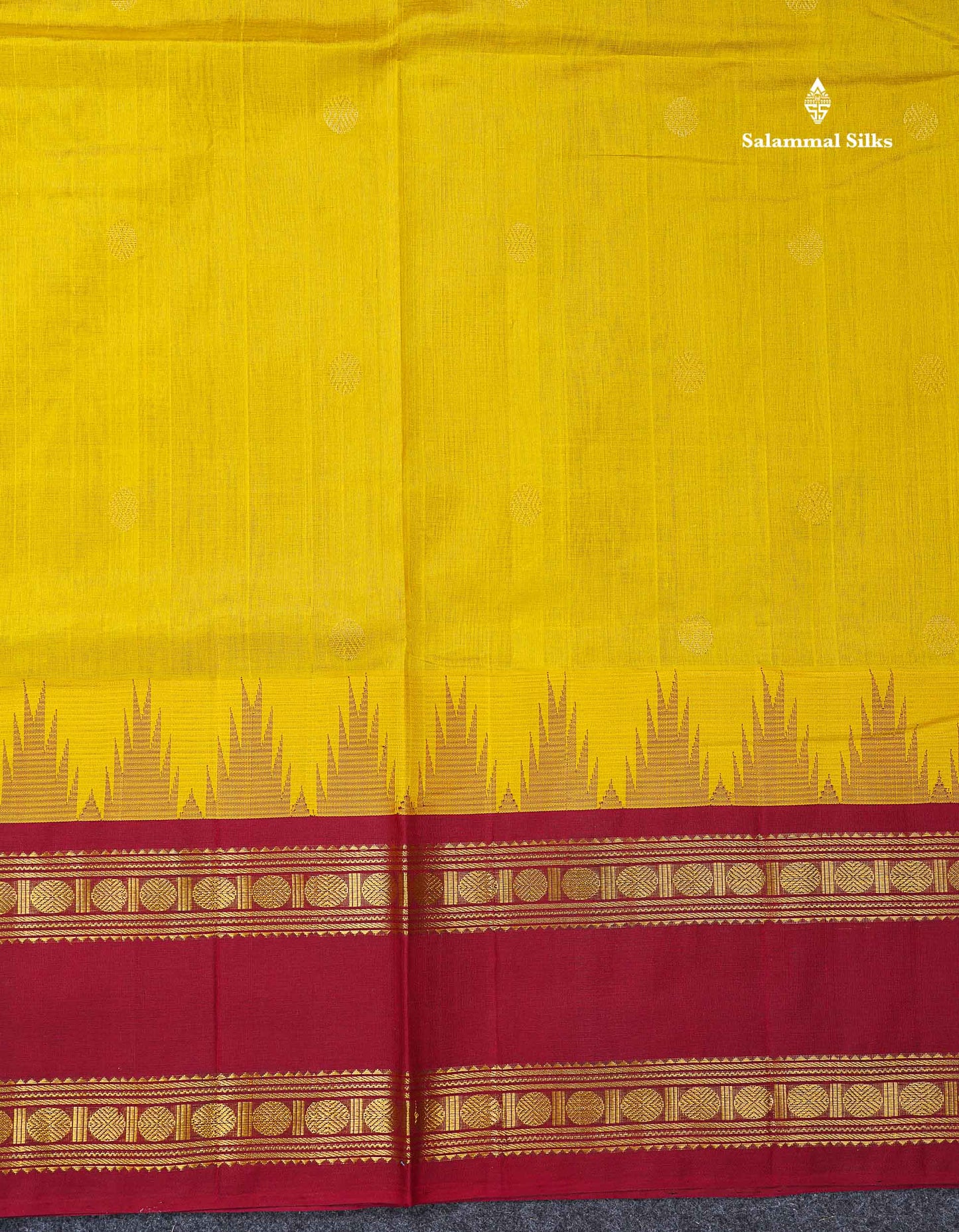 Beautiful Lemon Yellow Zari Butta Pure Silk Cotton Saree With Contrast Maroon Traditional Rettapet Evening Morning Border