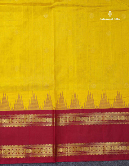 Beautiful Lemon Yellow Zari Butta Pure Silk Cotton Saree With Contrast Maroon Traditional Rettapet Evening Morning Border