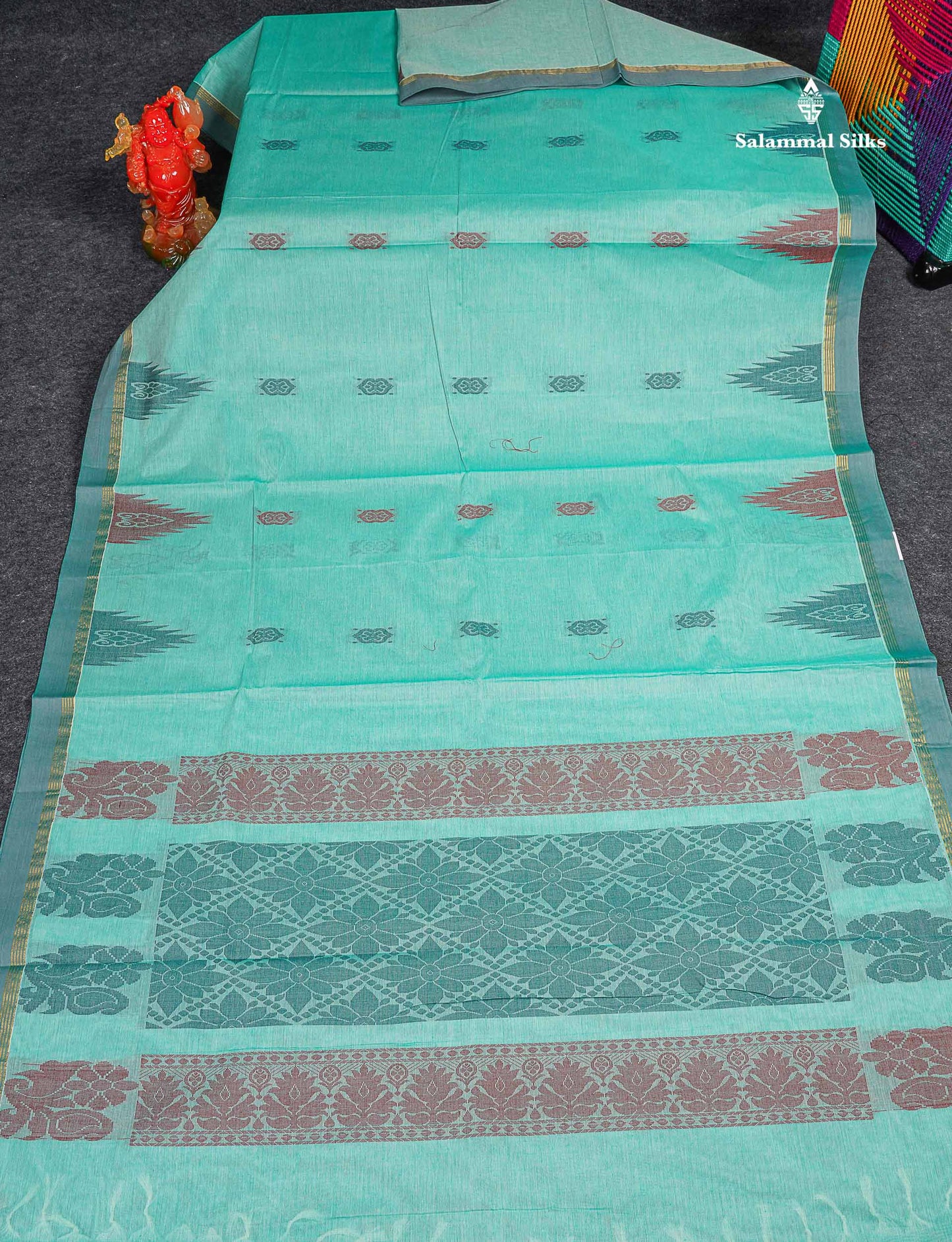 Pure Cotton Saree - Sea Green Colour Body Thread Work Butta With Temple Border