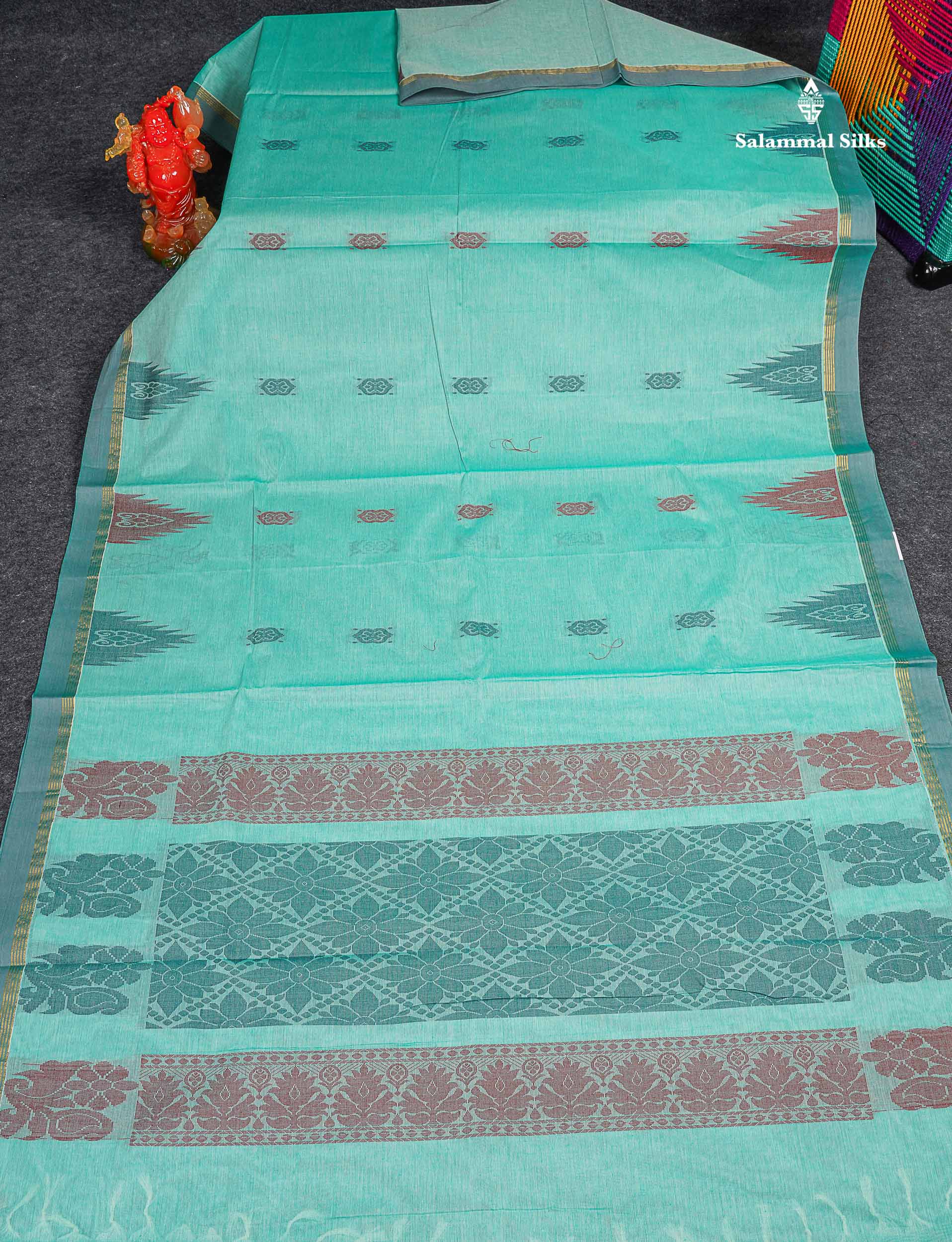 Pure Cotton Saree - Sea Green Colour Body Thread Work Butta With Temple Border