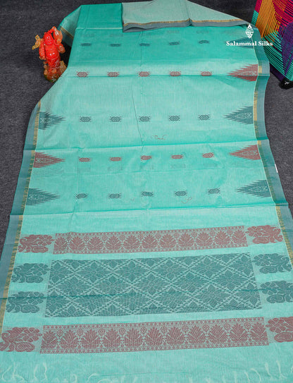Pure Cotton Saree - Sea Green Colour Body Thread Work Butta With Temple Border