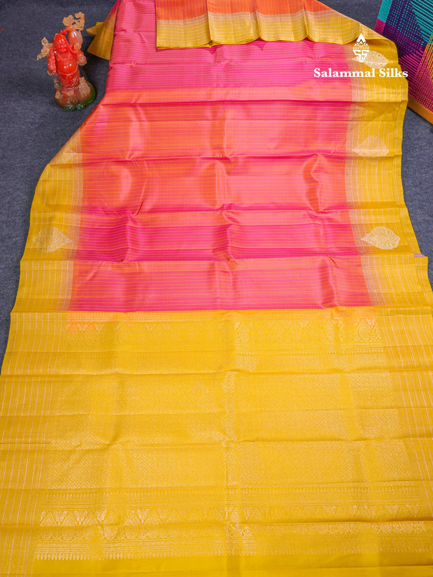 Beautiful Dual Tone Pink Small Checks Fancy Pure Kanjivaram Silk Saree With Contrast Manthulir Yellow Zari Lines Border