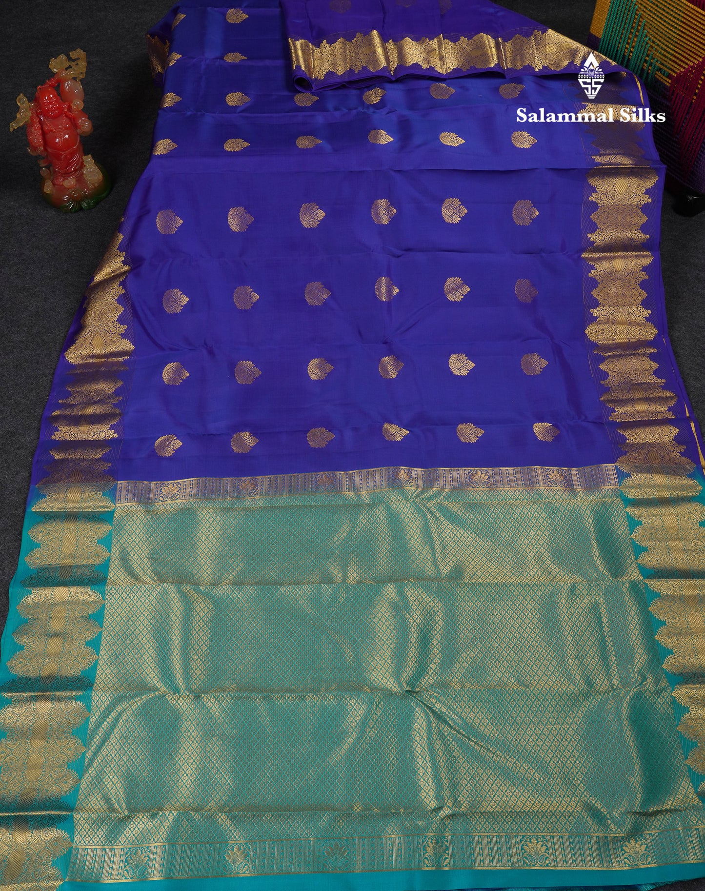 Beautiful Dual Tone Navy Blue Puremix Silk Saree With Contrast Sapphire Green Blouse