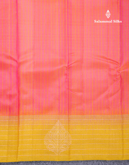 Beautiful Dual Tone Pink Small Checks Fancy Pure Kanjivaram Silk Saree With Contrast Manthulir Yellow Zari Lines Border