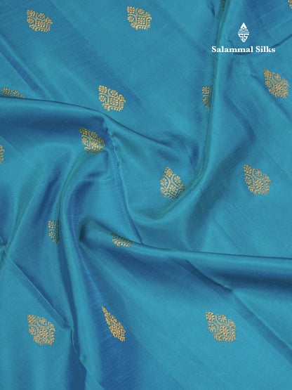 Korvai Ramar Blue Pure Kanjivaram Silk Saree With Contrast Reddish Maroon Border