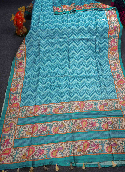 Beautiful Ananda Blue Wave Design Semi Tussar Fancy Saree With Contrast Sapphire Blue Blouse
