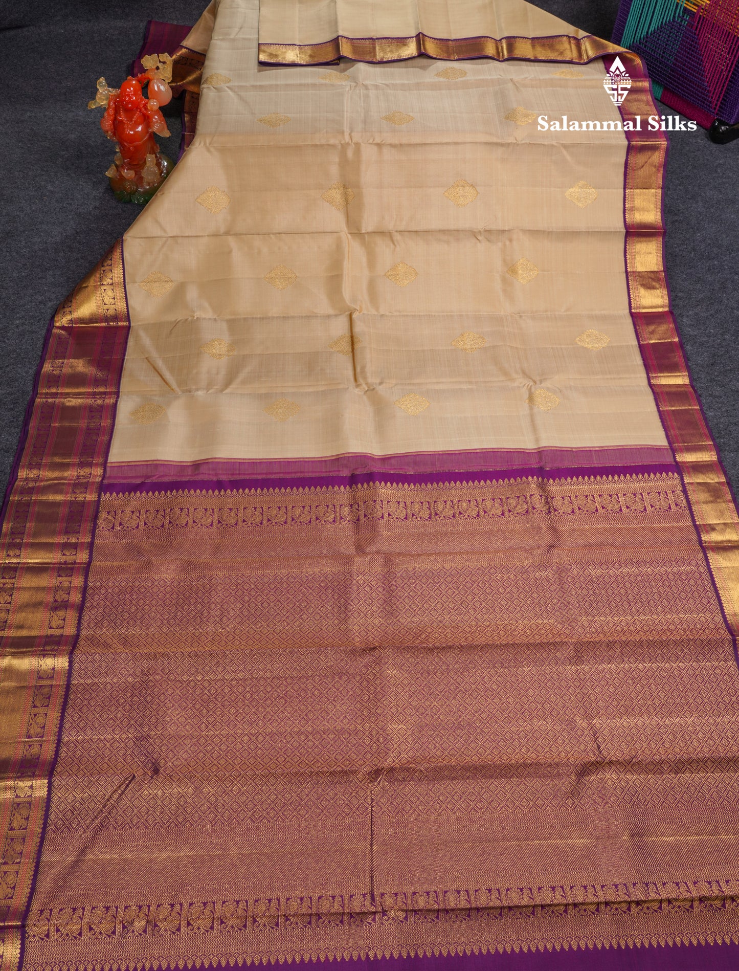 Korvai Beige Pure Kanjivaram Silk Saree With Contrast Dark Purple Traditional Border
