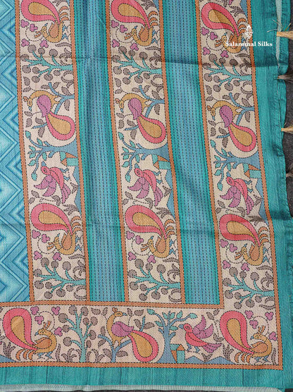 Beautiful Ananda Blue Wave Design Semi Tussar Fancy Saree With Contrast Sapphire Blue Blouse