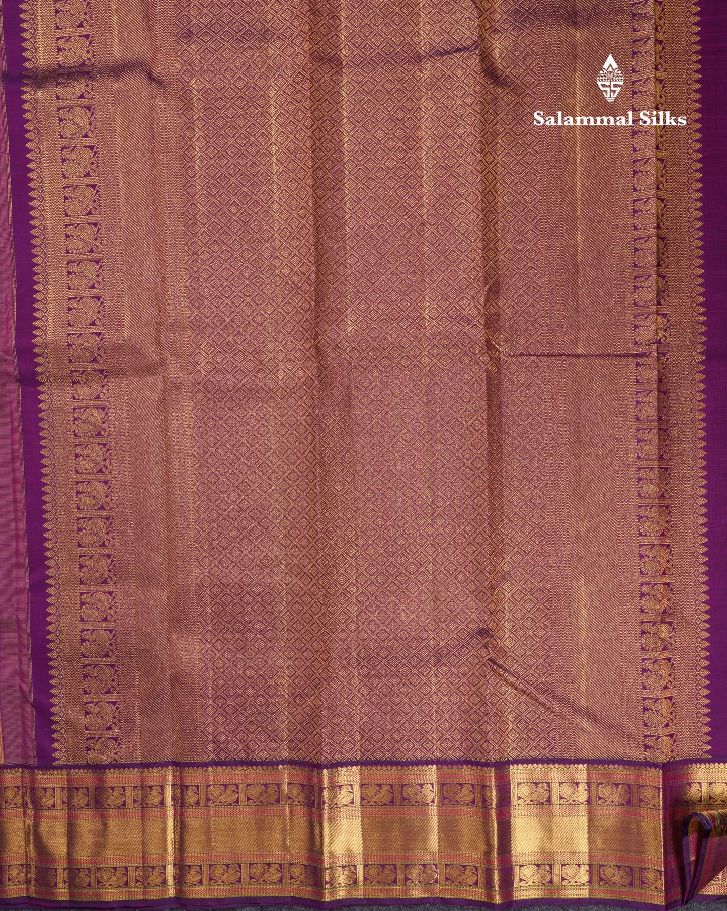 Korvai Beige Pure Kanjivaram Silk Saree With Contrast Dark Purple Traditional Border