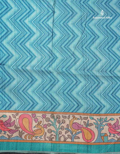 Beautiful Ananda Blue Wave Design Semi Tussar Fancy Saree With Contrast Sapphire Blue Blouse