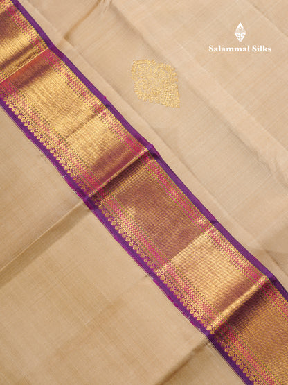 Korvai Beige Pure Kanjivaram Silk Saree With Contrast Dark Purple Traditional Border