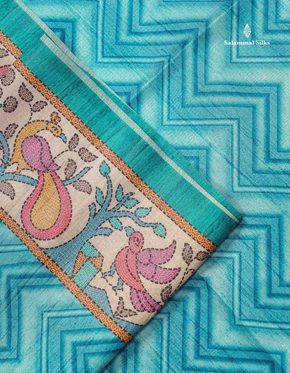 Beautiful Ananda Blue Wave Design Semi Tussar Fancy Saree With Contrast Sapphire Blue Blouse