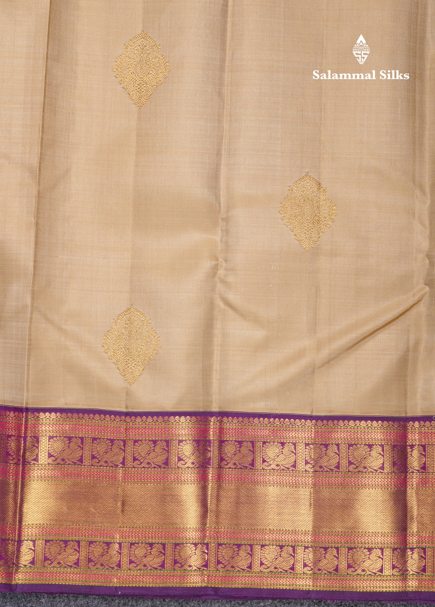 Korvai Beige Pure Kanjivaram Silk Saree With Contrast Dark Purple Traditional Border