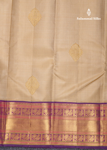 Korvai Beige Pure Kanjivaram Silk Saree With Contrast Dark Purple Traditional Border