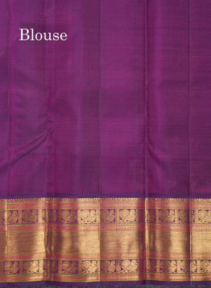 Korvai Beige Pure Kanjivaram Silk Saree With Contrast Dark Purple Traditional Border