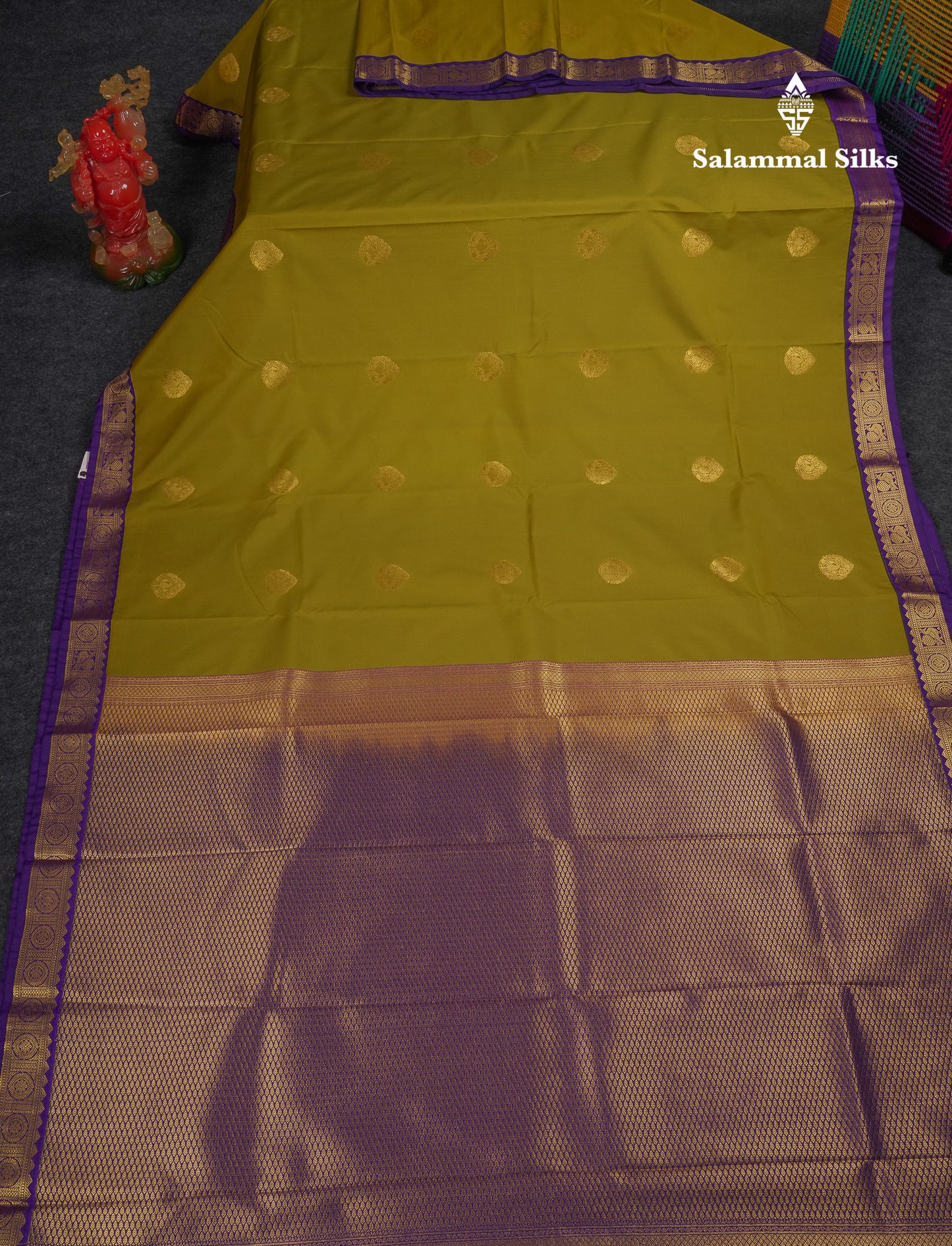 Beautiful Manthulir Yellow Semi Silk Saree With Contrast Violet Traditional Small Border