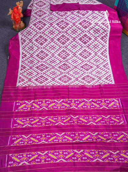 Beautiful White Pochampalli Pure Kanjivaram Silk Saree With Contrast Magenta Plain Border
