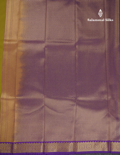 Beautiful Manthulir Yellow Semi Silk Saree With Contrast Violet Traditional Small Border
