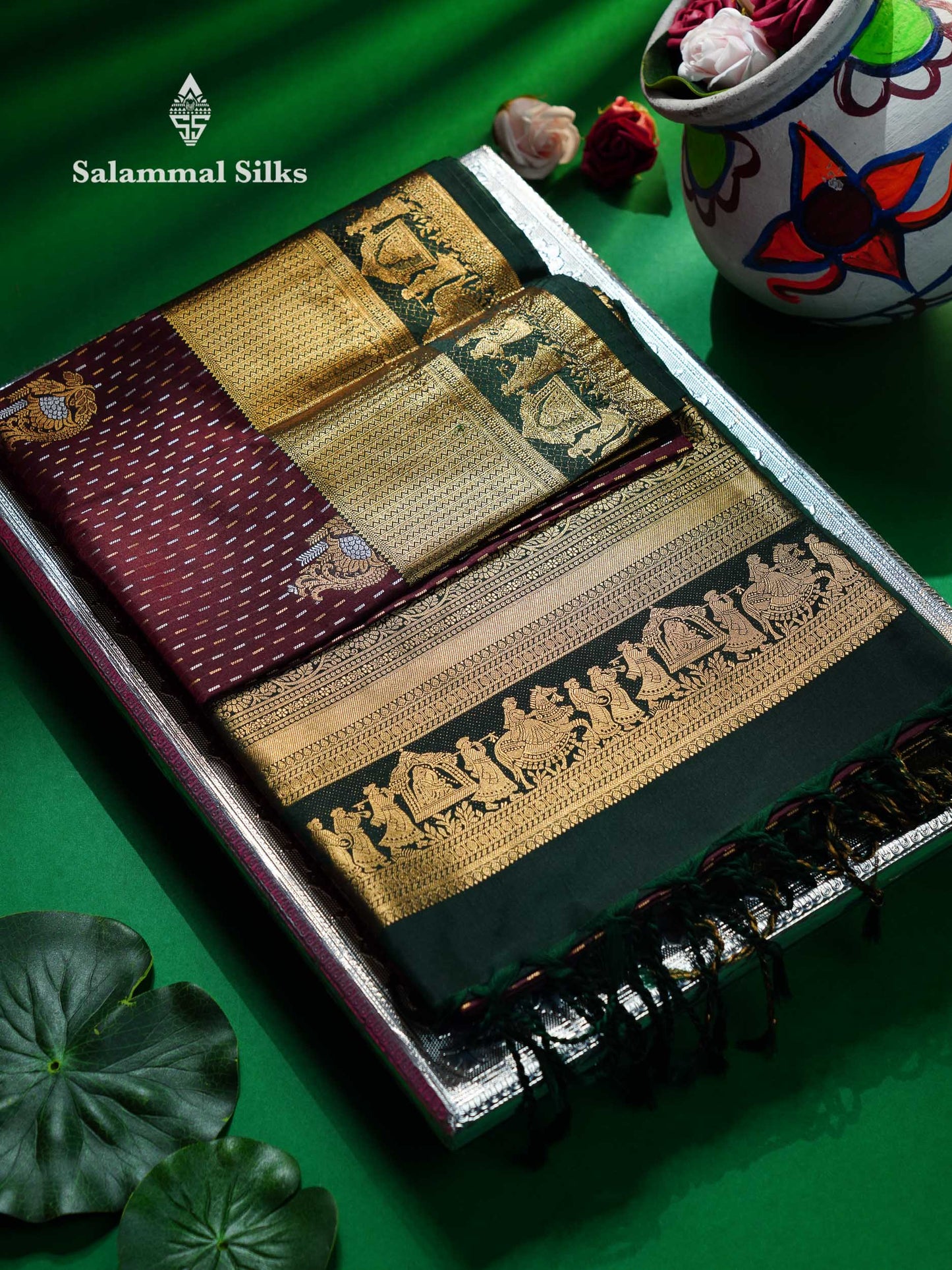 Beautiful Maroon Silver & Gold Zari Semi Soft Silk Saree With Contrast Bottle Green Traditional Pallaku  Evening Morning Border