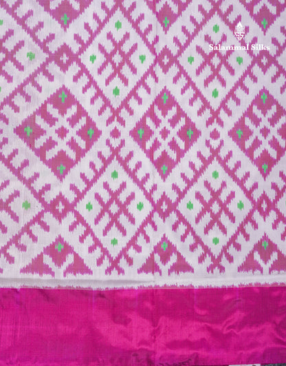 Beautiful White Pochampalli Pure Kanjivaram Silk Saree With Contrast Magenta Plain Border