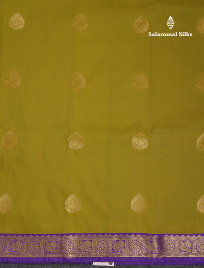 Beautiful Manthulir Yellow Semi Silk Saree With Contrast Violet Traditional Small Border
