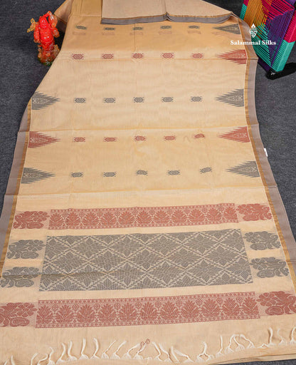 Pure Cotton Saree - Beige Colour Body Thread Work Butta With Temple Border