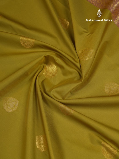 Beautiful Manthulir Yellow Semi Silk Saree With Contrast Violet Traditional Small Border