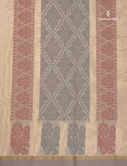Pure Cotton Saree - Cream Yellow Colour Body Thread Work Butta With Temple Border