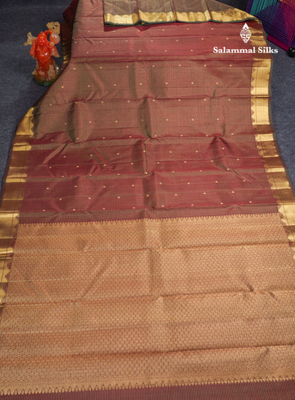 Dual Tone Maroon Tiny Checks Pure Kanjivaram Silk Saree With Traditional Temple Border