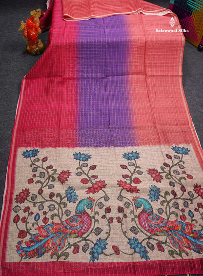 Beautiful Multicolour Checks Fancy Cotton Mix Saree With Contrast Kalamkari Blouse