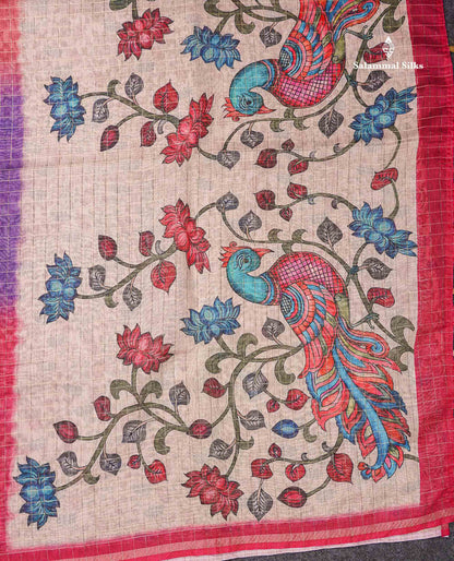 Beautiful Multicolour Checks Fancy Cotton Mix Saree With Contrast Kalamkari Blouse