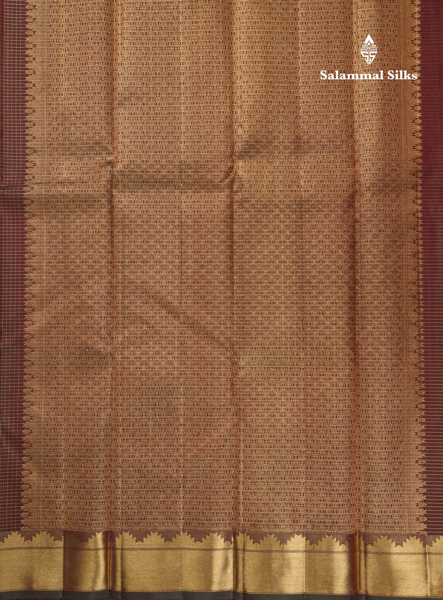 Dual Tone Maroon Tiny Checks Pure Kanjivaram Silk Saree With Traditional Temple Border