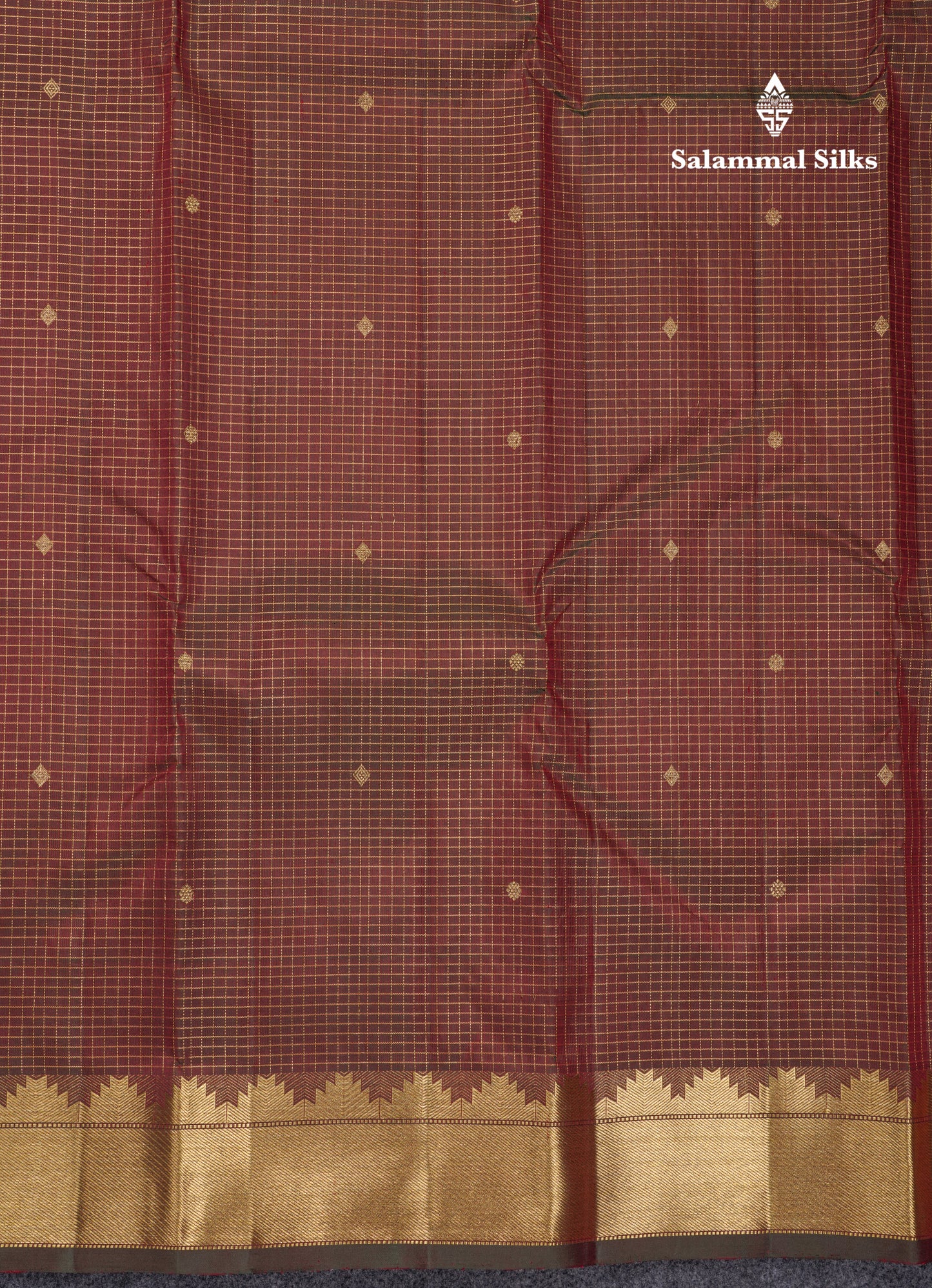 Dual Tone Maroon Tiny Checks Pure Kanjivaram Silk Saree With Traditional Temple Border