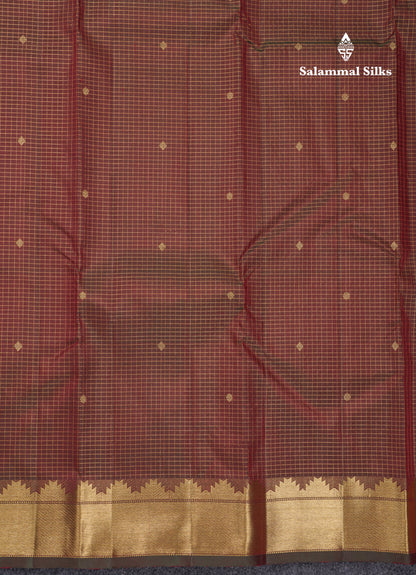 Dual Tone Maroon Tiny Checks Pure Kanjivaram Silk Saree With Traditional Temple Border